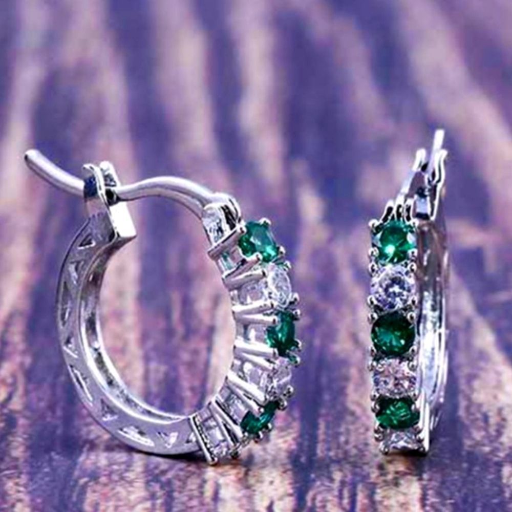 Emerald Fashion Silver Hoop Earrings with Green Stones